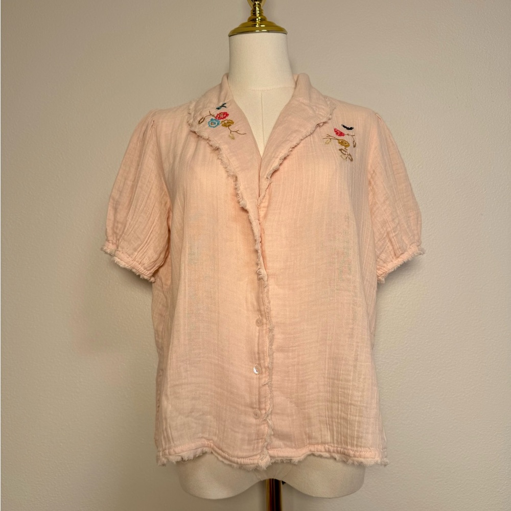 Anthropologie Romilly Soft Gauze PJ Embroidered Pale Pink Top Sz XS Oversized - Picture 7 of 10